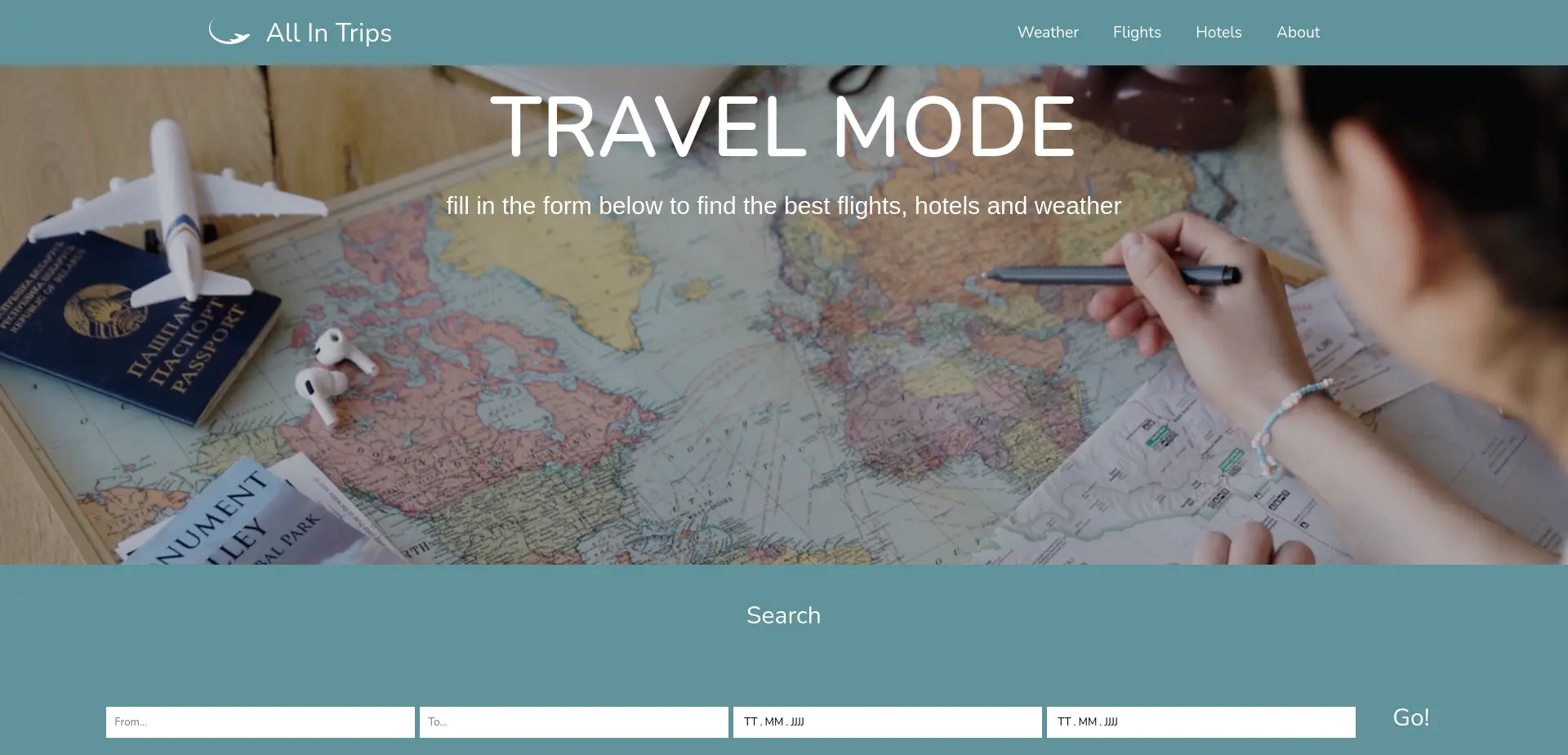 Ein Screenshot der Startseite von All In Trips