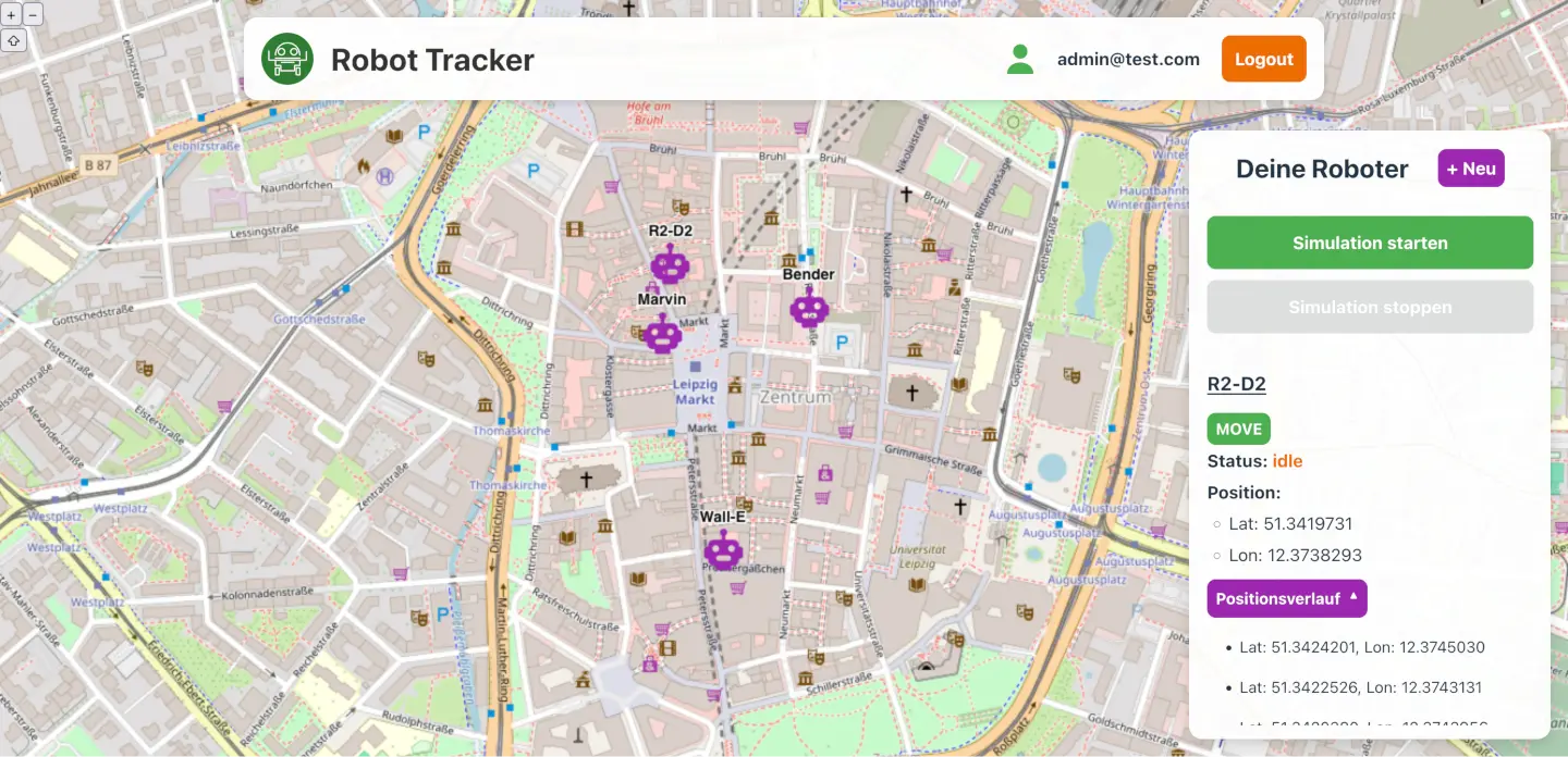 Ein Screenshot der Stadtkarte mit den Robotern